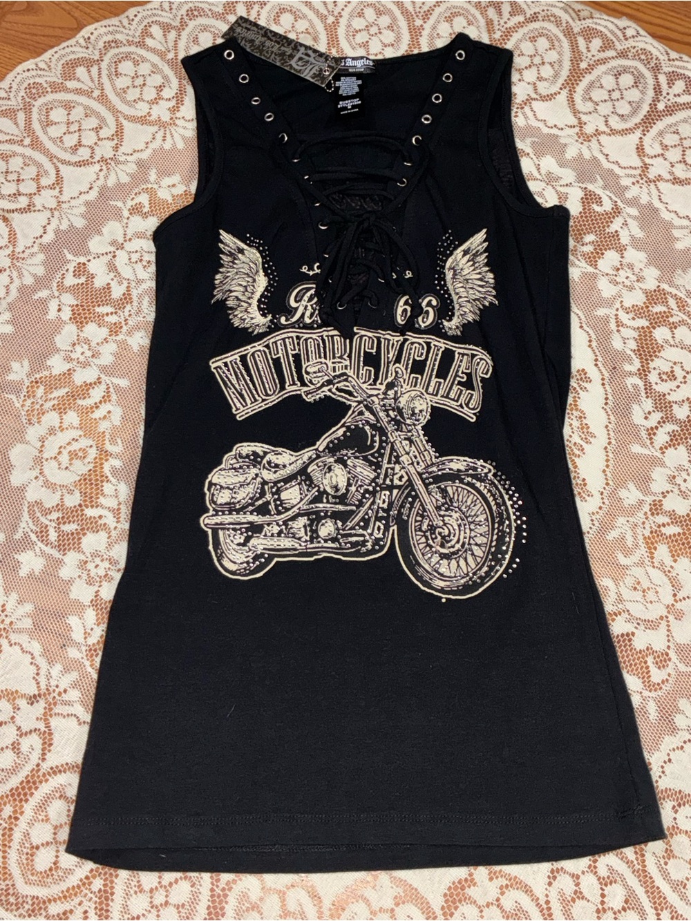 From Los Angeles DBA Bus Stop black motorcycle graphic lace up tank top M